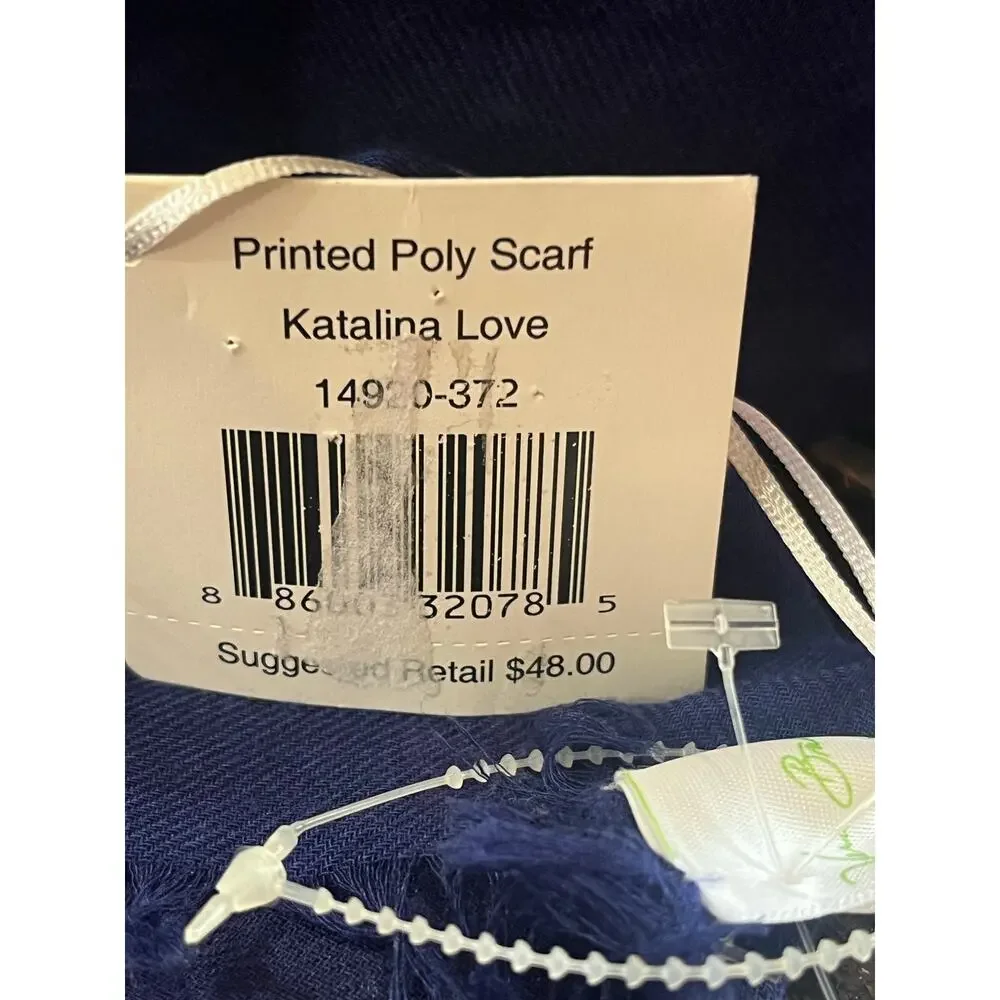 Vera Bradley Printed Poly Scarf-Katina Love-Navy Blue/Pink Script-76x36-NEW-1053